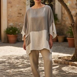 NAMSAR 100% LINEN OVERSIZED OATMEAL TUNIC TOP WITH PATCH POCKETS SZ ONE SIZE